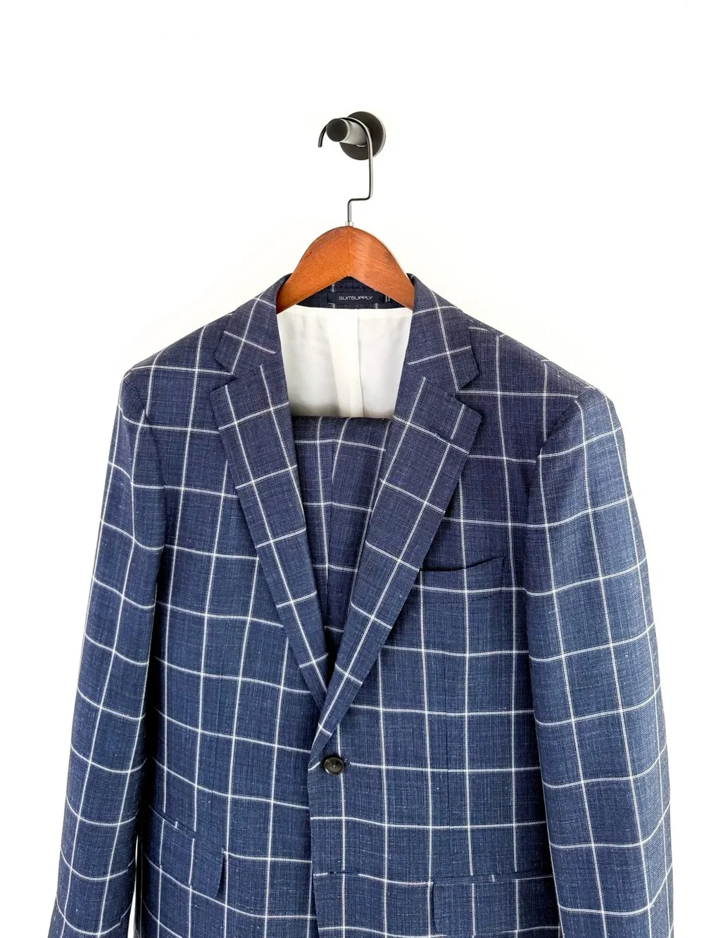 NEW Suitsupply Sienna Men's Blue Windowpane Suit Silk Wool Linen Blue White 40R